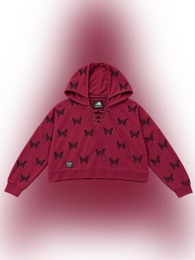 Lace-Up Hooded Crewneck Sweater with Butterfly Print - Burgundy
